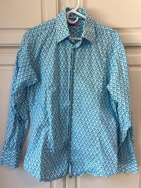 Coton Doux Button Down Long Sleeve Shirt Blue Geometric 42/16.5 Slim Fit